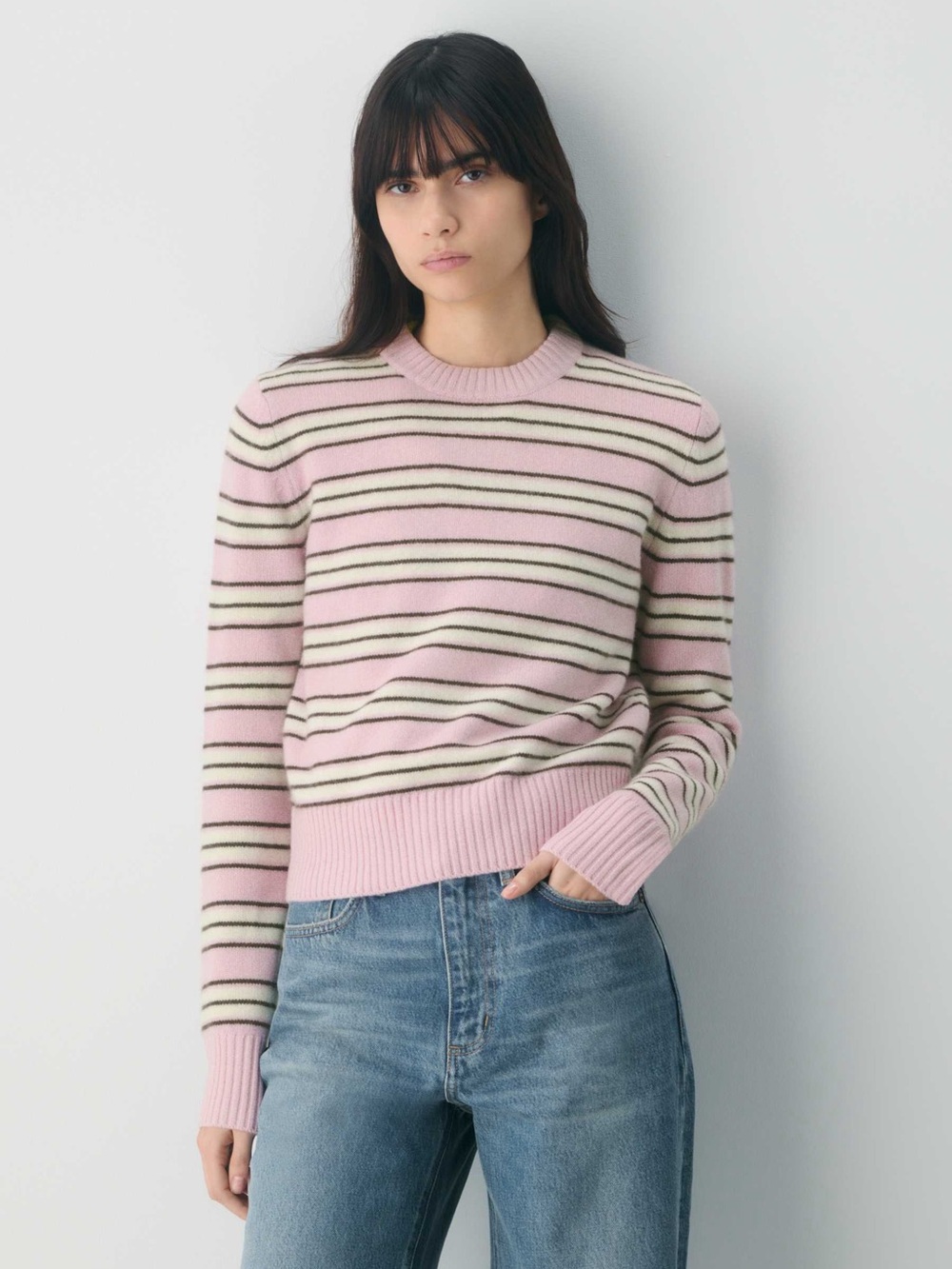 Aritzia NWT Essential Cashmere Nouveau Sweater Pink Stripe Pullover Crewneck